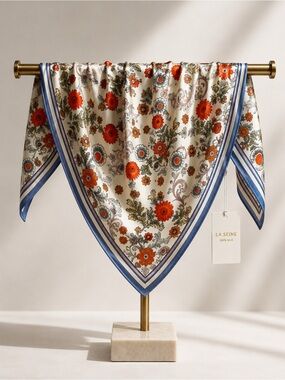 NWT La Seine 100% Silk Floral Triangle Scarf Blue Orange  Oversized